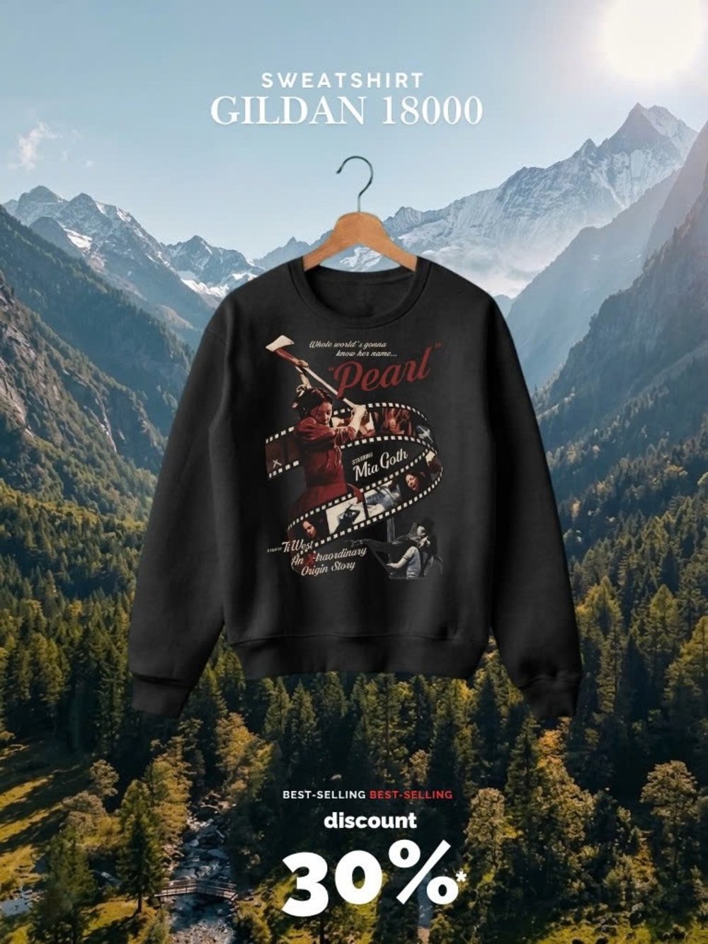 Gildan Black Crewneck Sweatshirt with Pearl Film Graphic